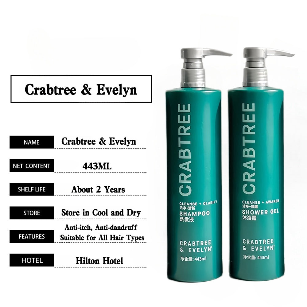 Crabtree & Evelyn shampoo and shower gel, with the features description.