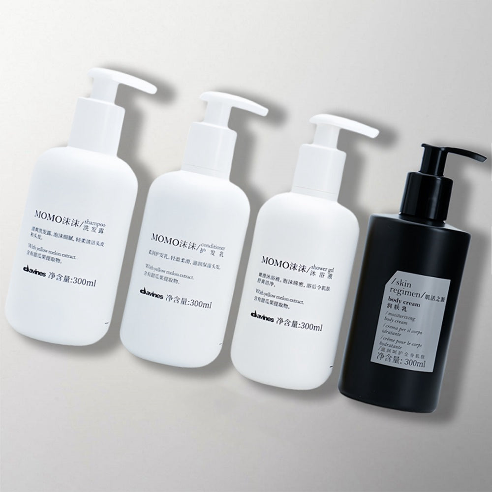 four bottles of MOMO toiletries for W Hotel.