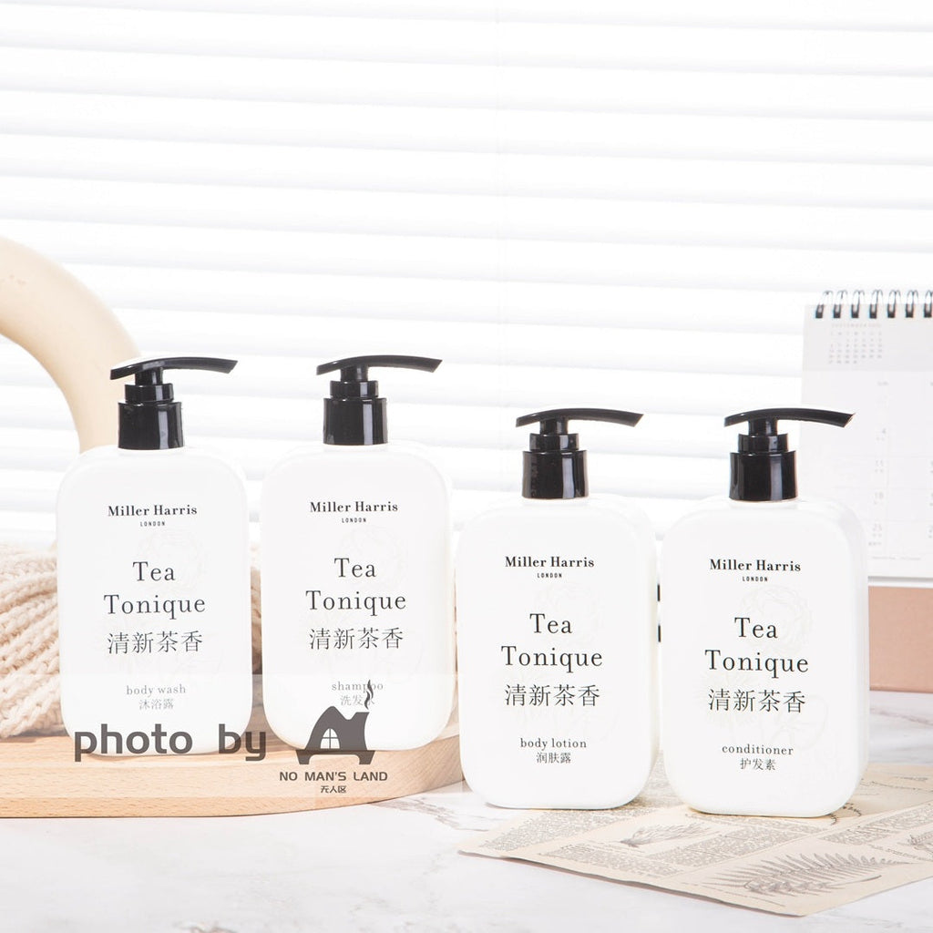 4 bottles of Miller Harris hotel toiletries displayed on the tray.